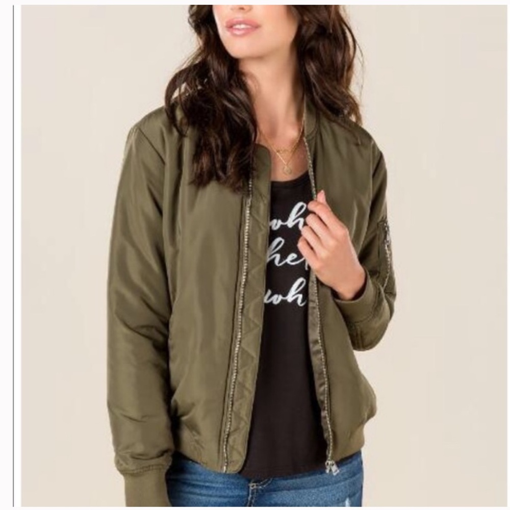 Francesca’s Blue Rain Green Bomber Jacket, Large